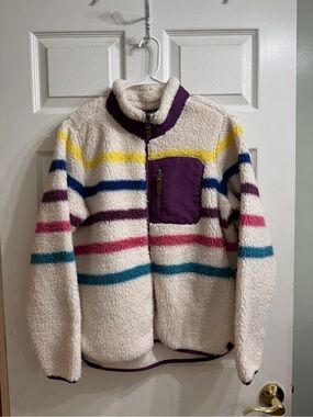LIV Outdoors Cream Sherpa Jacket with Multicolor Stripes and Purple Pocket